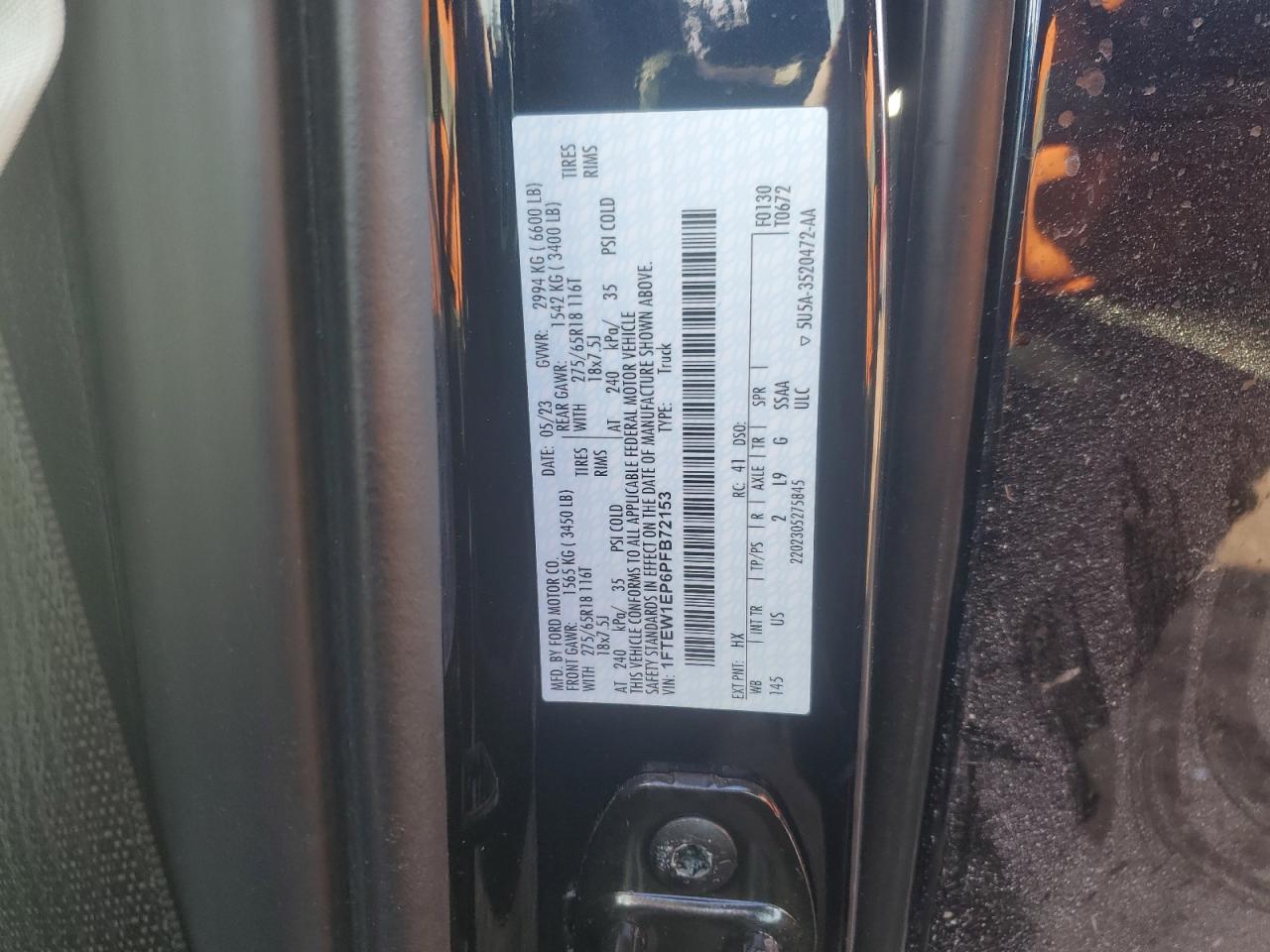 2023 FORD F150 SUPERCREW VIN:1FTEW1EP6PFB72153
