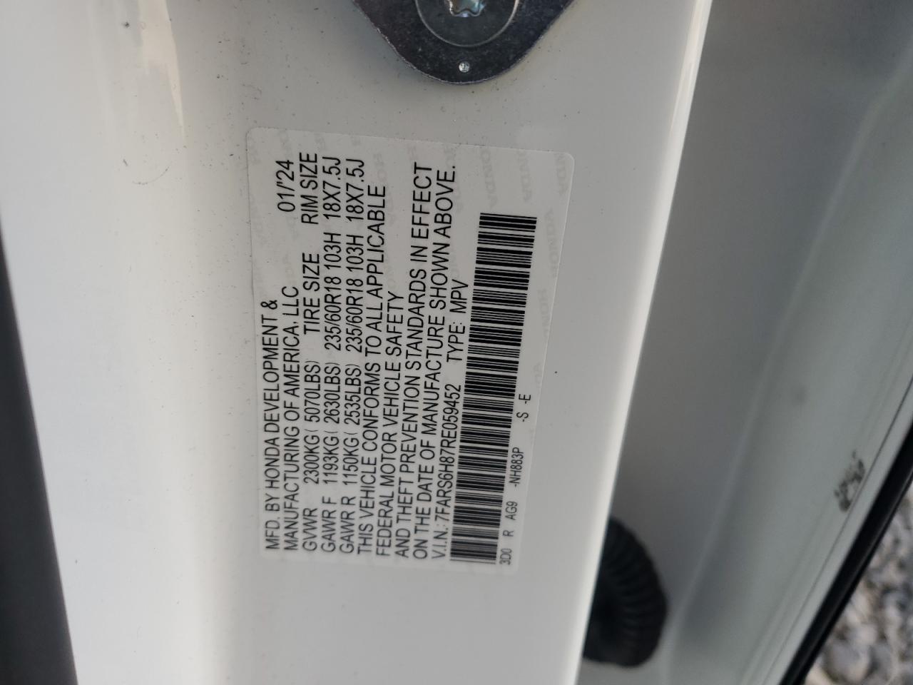 2024 HONDA CR-V SPORT-L VIN:7FARS6H87RE059452
