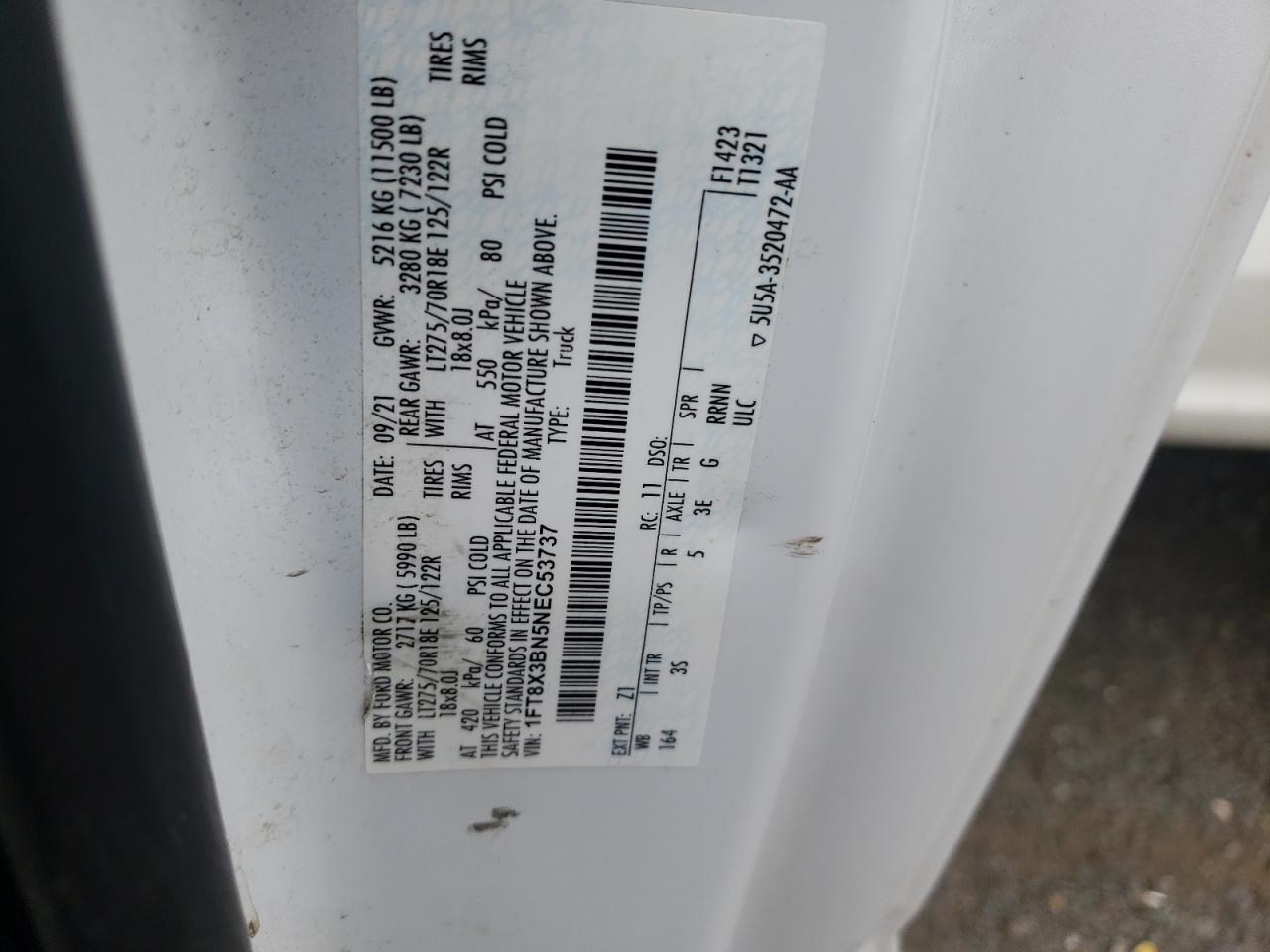 2022 FORD F350 SUPER DUTY VIN:1FT8X3BN5NEC53737