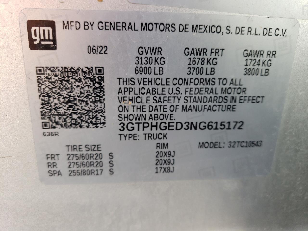 2022 GMC SIERRA C1500 DENALI VIN:3GTPHGED3NG615172