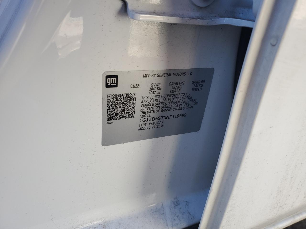 2022 CHEVROLET MALIBU LT VIN:1G1ZD5ST3NF110599