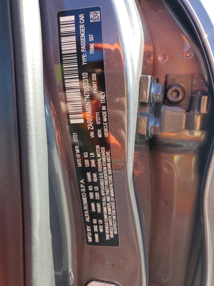 2022 ALFA ROMEO GIULIA SUPER VIN:ZARFAMBN7N7653310