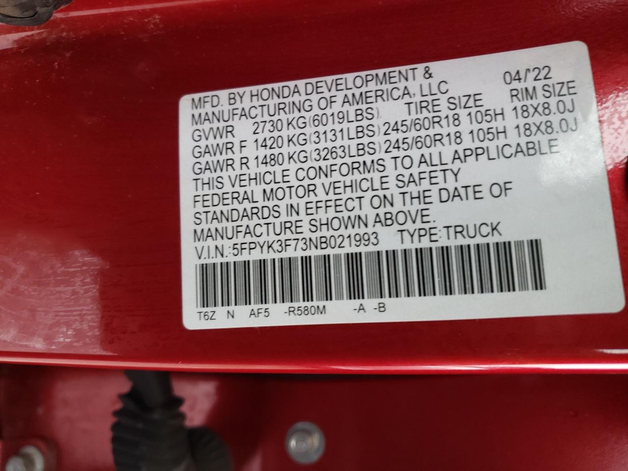 2022 HONDA RIDGELINE RTL VIN:5FPYK3F73NB021993