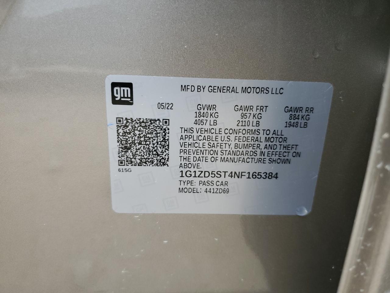 2022 CHEVROLET MALIBU LT VIN:1G1ZD5ST4NF165384