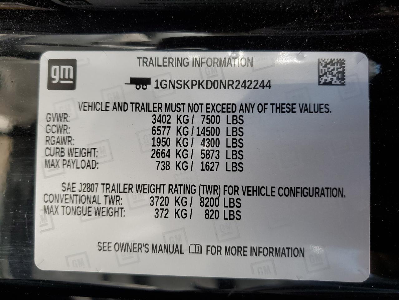 2022 CHEVROLET TAHOE K1500 Z71 VIN:1GNSKPKD0NR242244