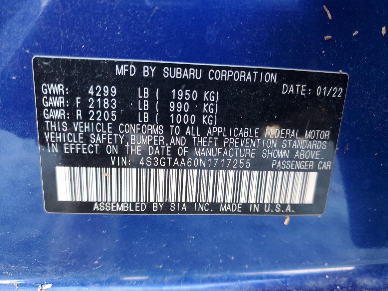 2022 SUBARU IMPREZA  VIN:4S3GTAA60N1717255