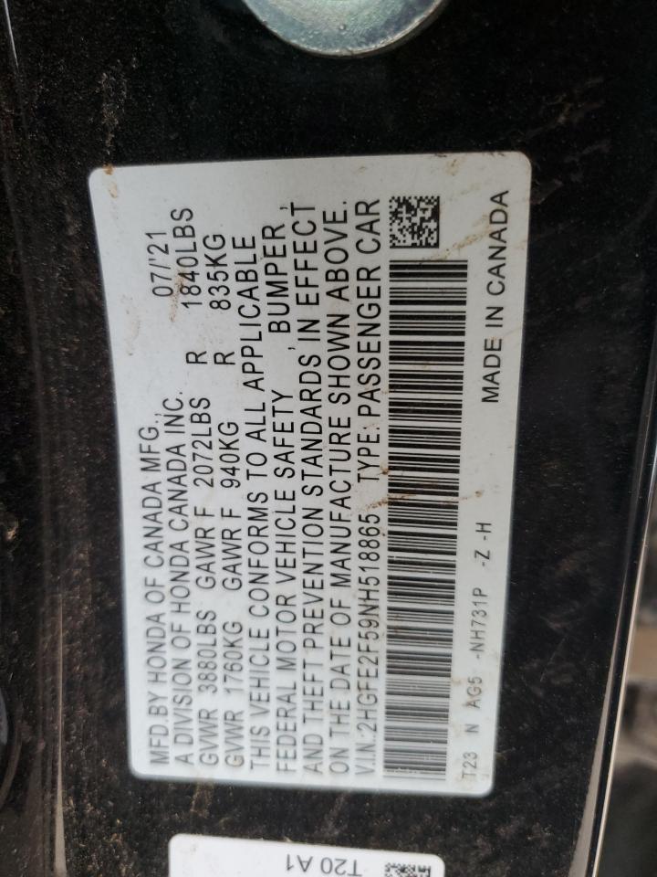 2022 HONDA CIVIC SPORT VIN:2HGFE2F59NH518865