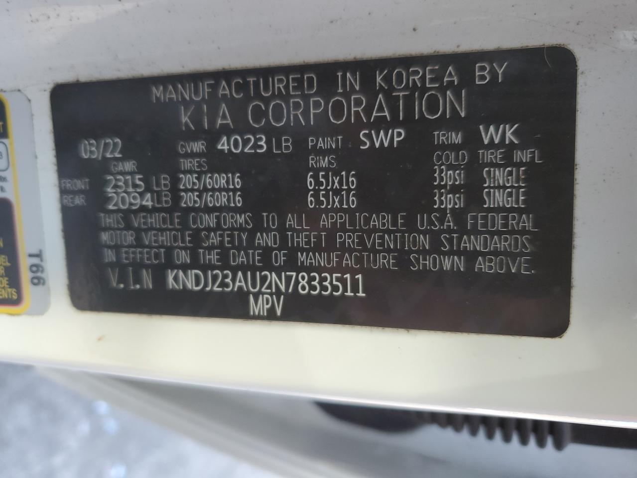 2022 KIA SOUL LX VIN:KNDJ23AU2N7833511