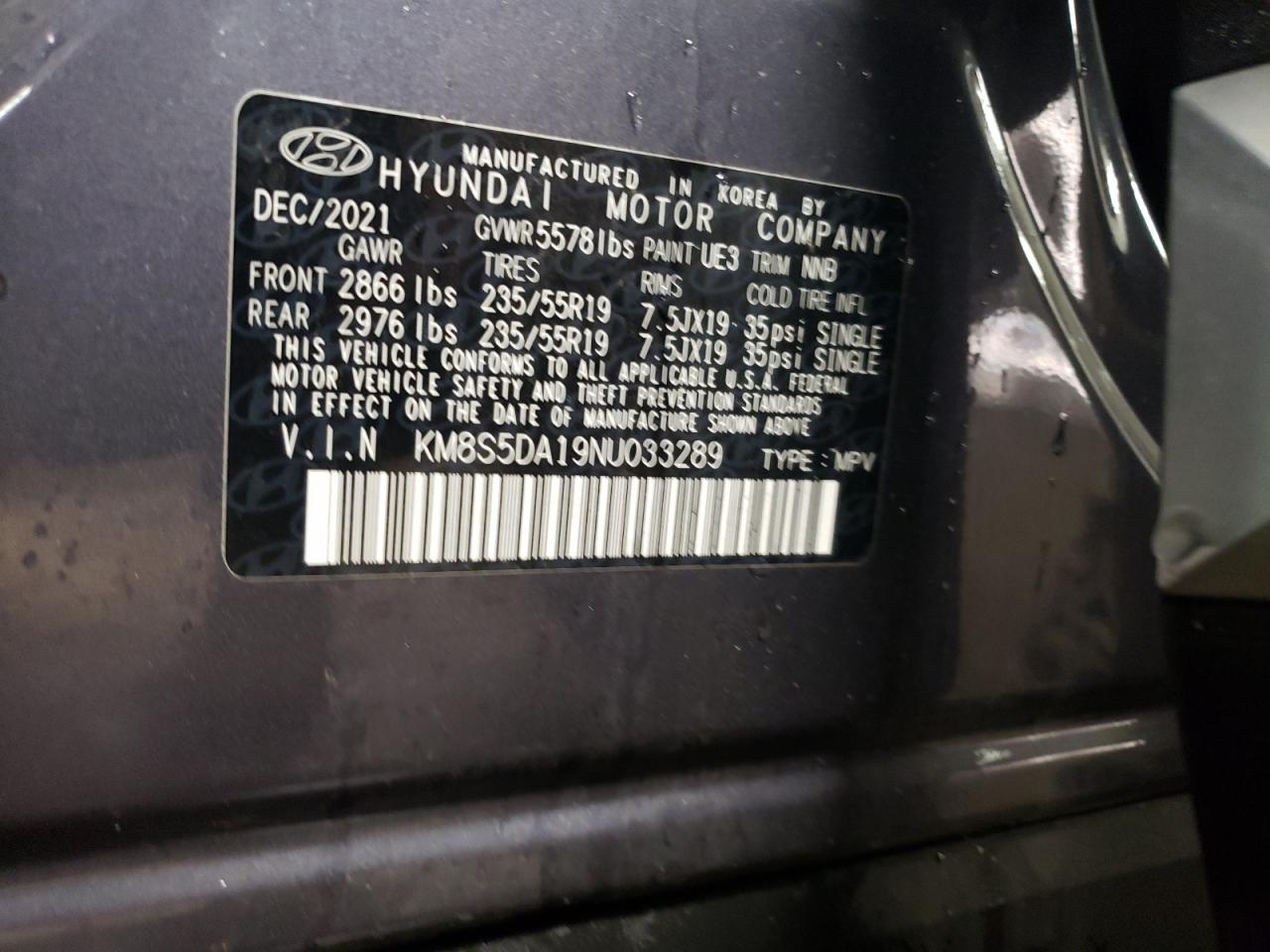 2022 HYUNDAI SANTA FE LIMITED VIN:KM8S5DA19NU033289