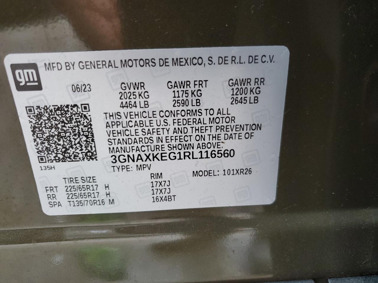 2024 CHEVROLET EQUINOX LT VIN:3GNAXKEG1RL116560