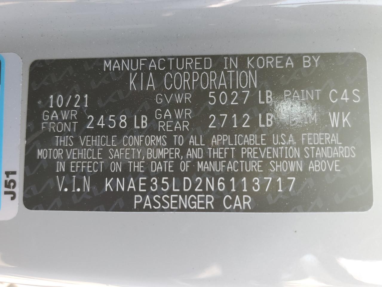 2022 KIA STINGER GT LINE VIN:KNAE35LD2N6113717