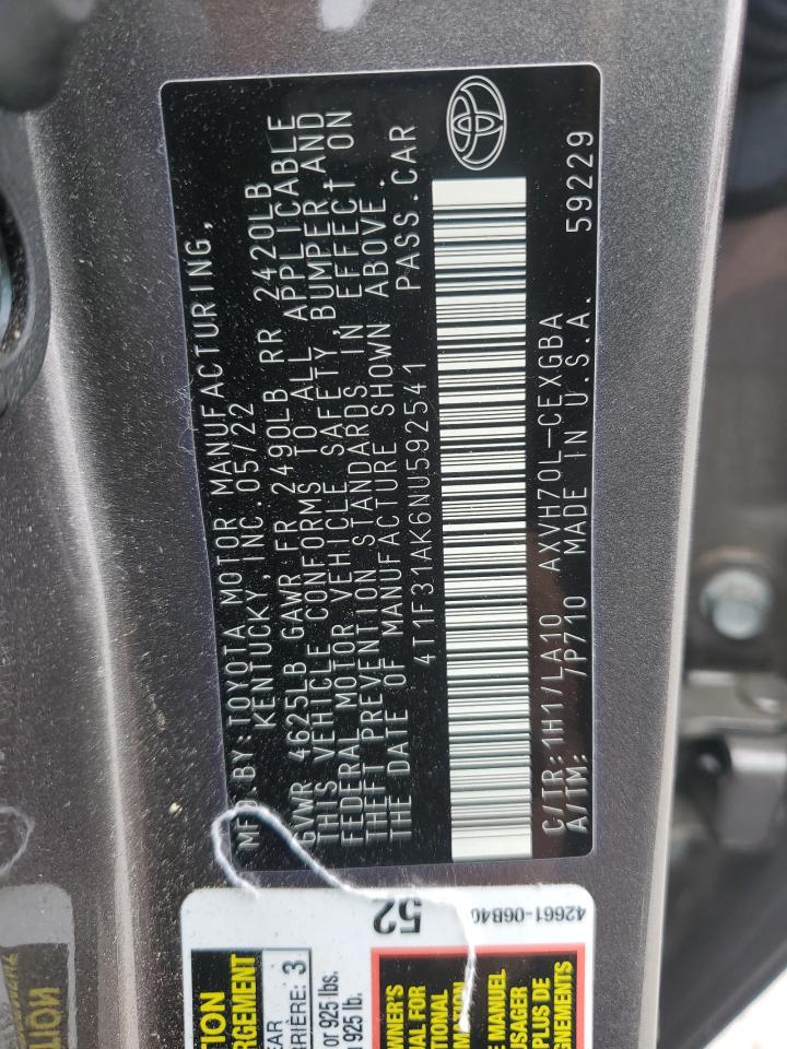 2022 TOYOTA CAMRY XLE VIN:4T1F31AK6NU592541