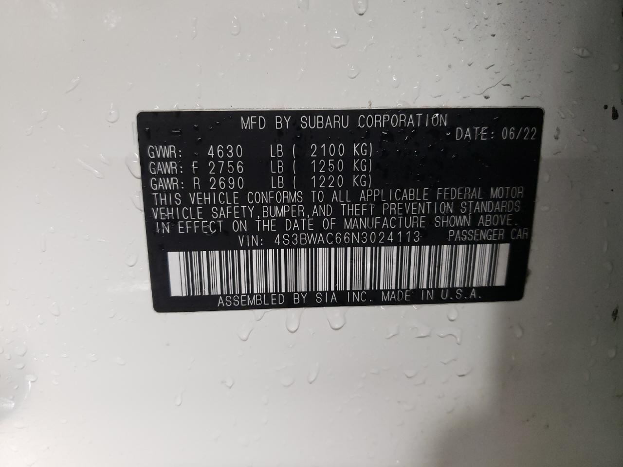 2022 SUBARU LEGACY PREMIUM VIN:4S3BWAC66N3024113