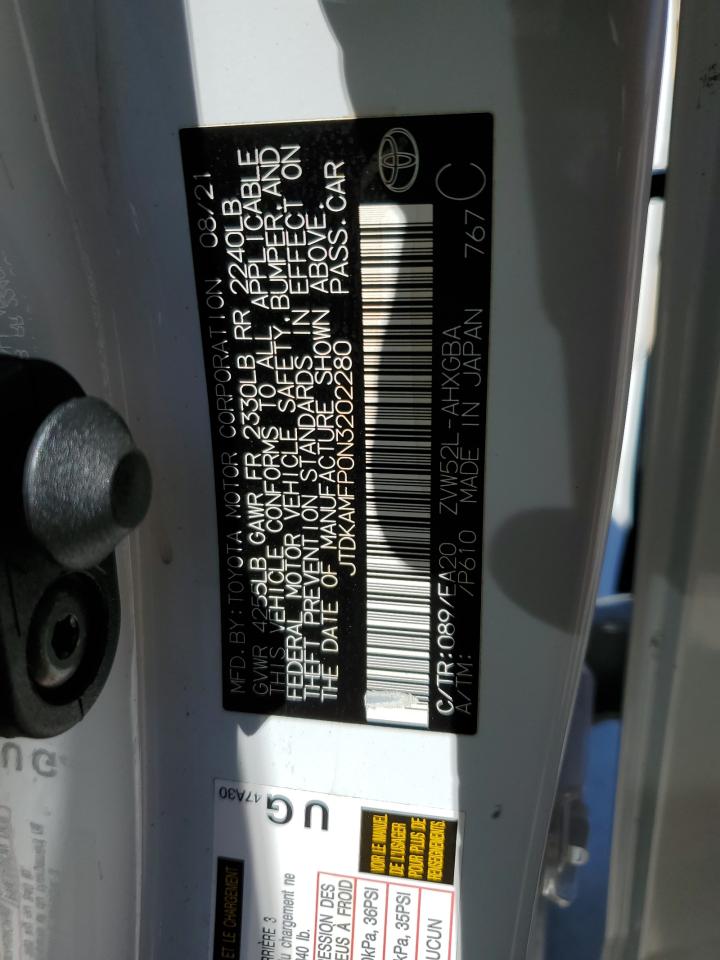 2022 TOYOTA PRIUS PRIME LE VIN:JTDKAMFP0N3202280