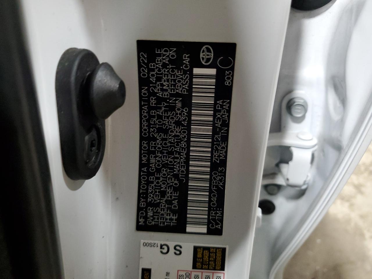 2022 TOYOTA COROLLA LE VIN:JTDEPMAE8N3014396