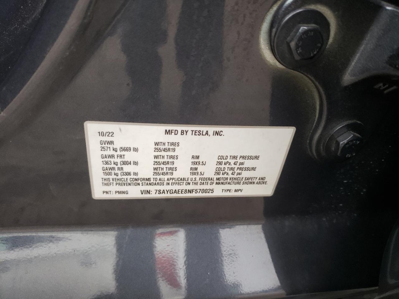 2022 TESLA MODEL Y  VIN:7SAYGAEE8NF570025