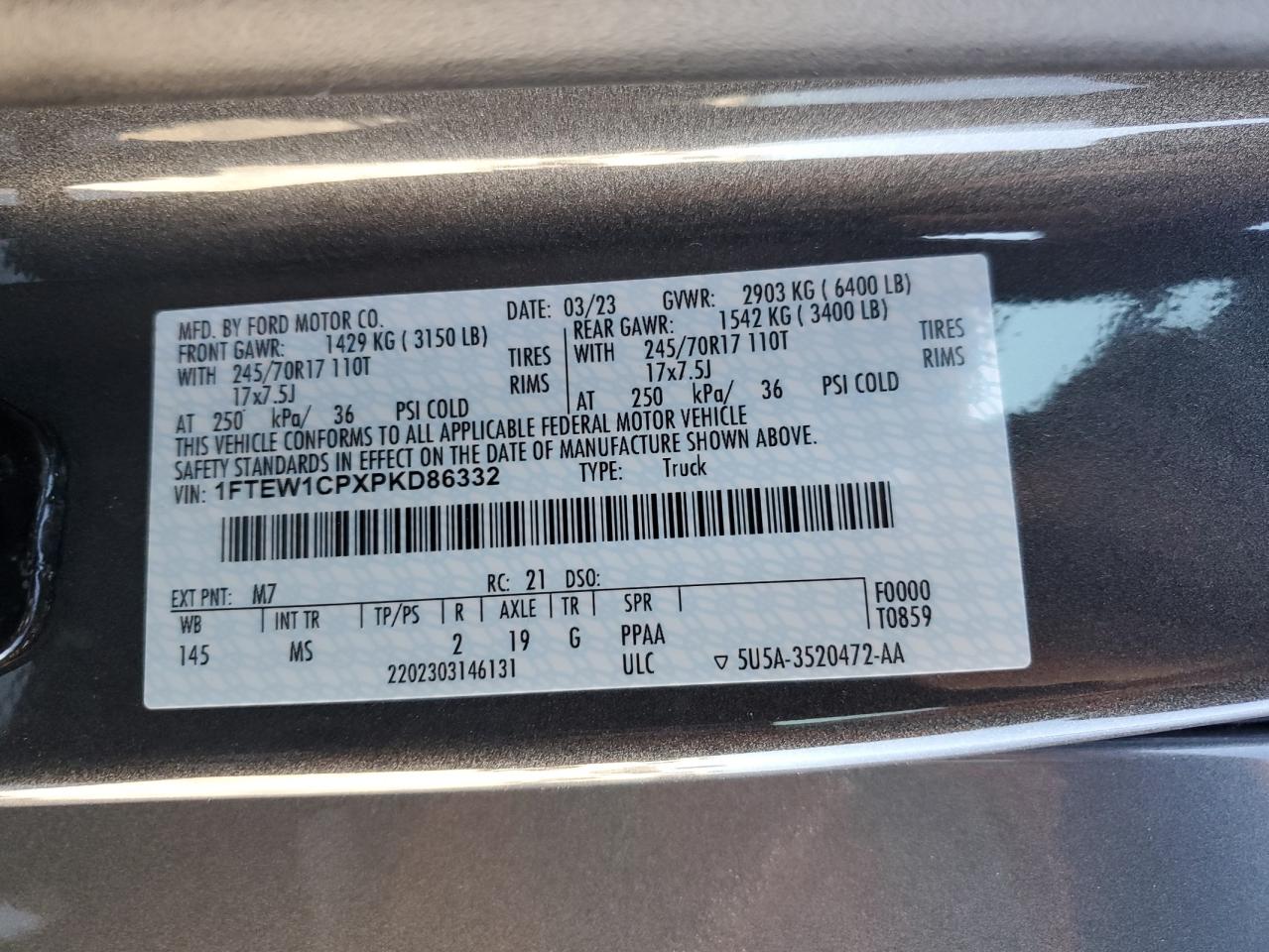 2023 FORD F150 SUPERCREW VIN:1FTEW1CPXPKD86332