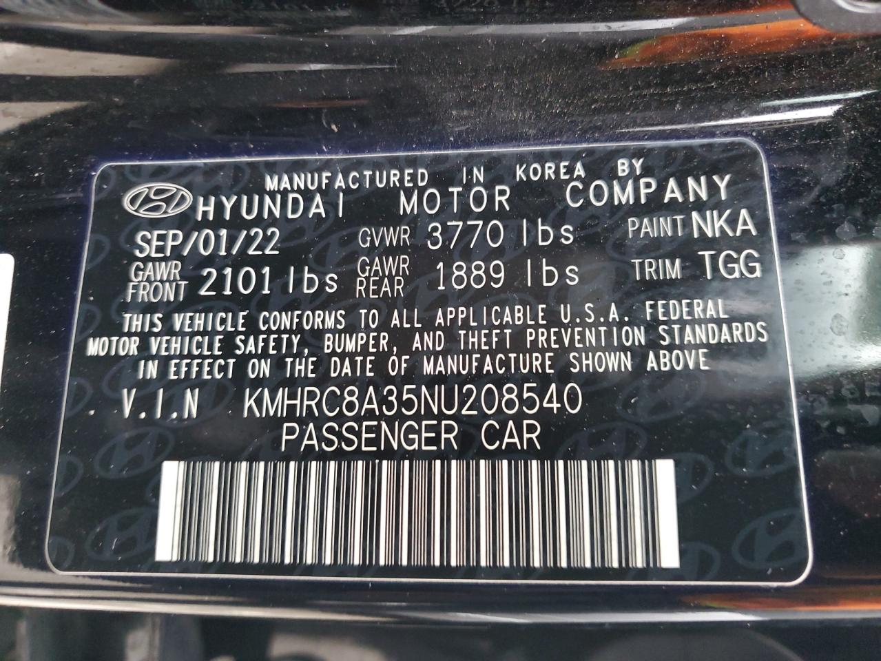 2022 HYUNDAI VENUE SEL VIN:KMHRC8A35NU208540