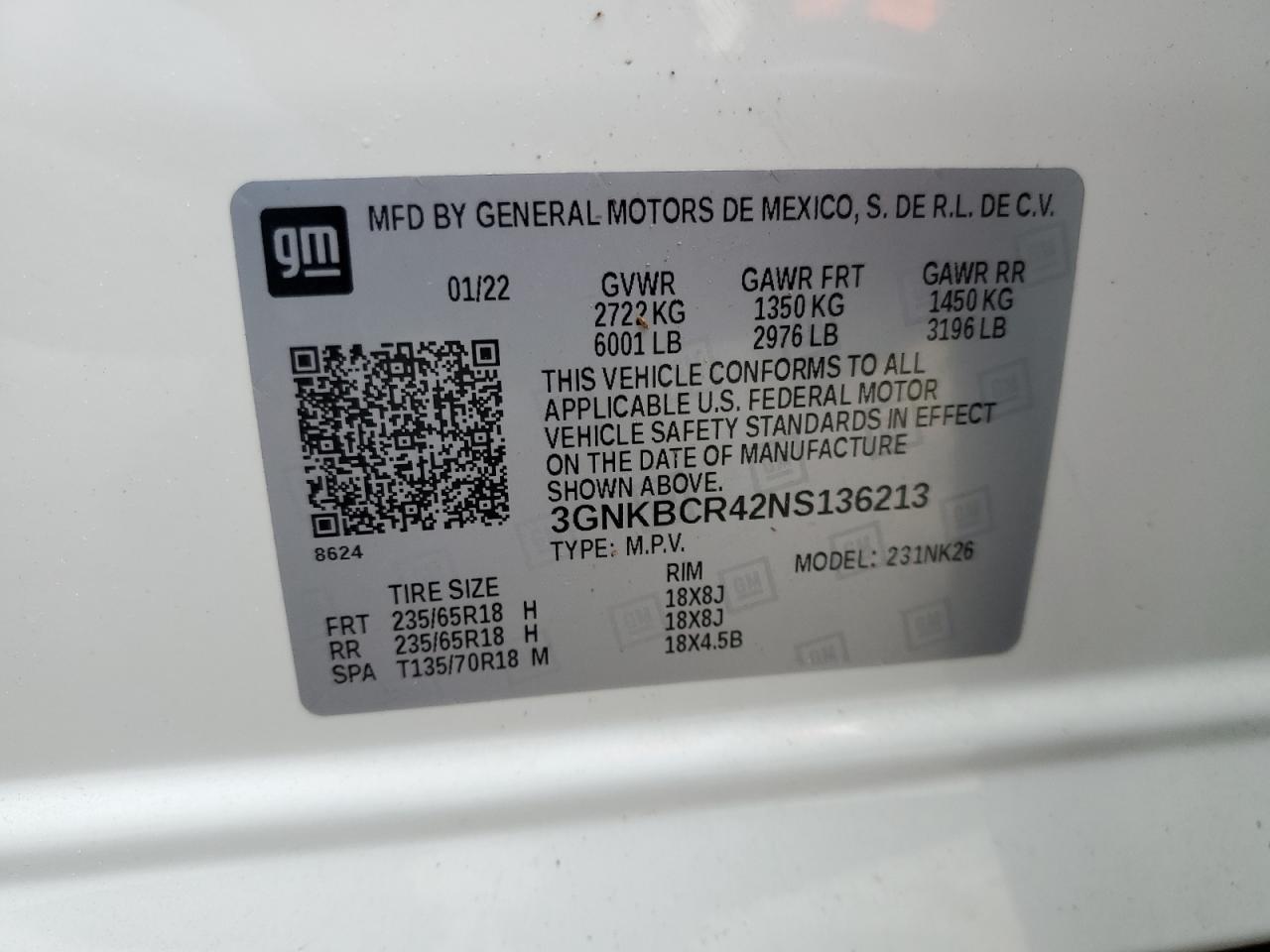 2022 CHEVROLET BLAZER 2LT VIN:3GNKBCR42NS136213