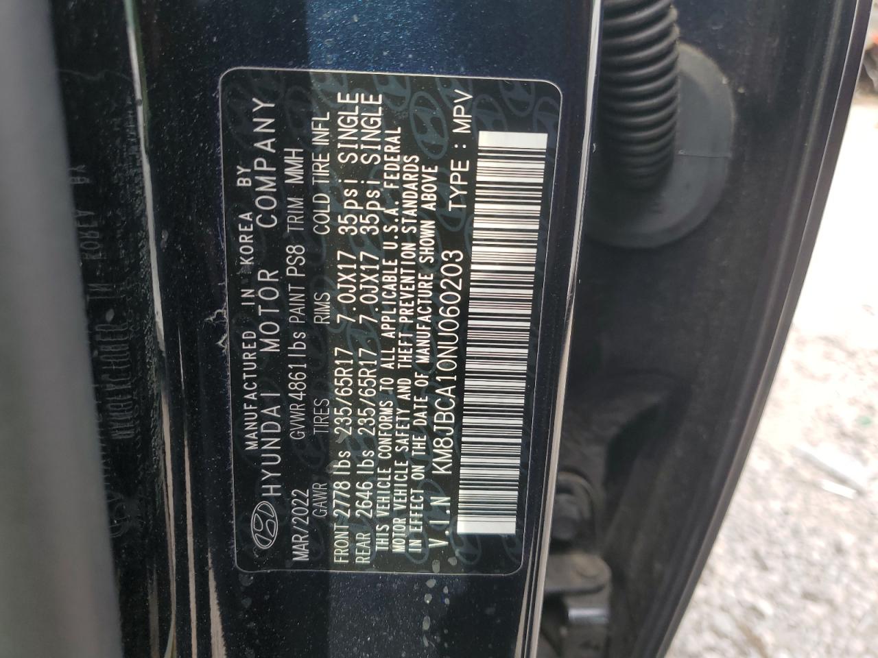 2022 HYUNDAI TUCSON BLUE VIN:KM8JBCA10NU060203