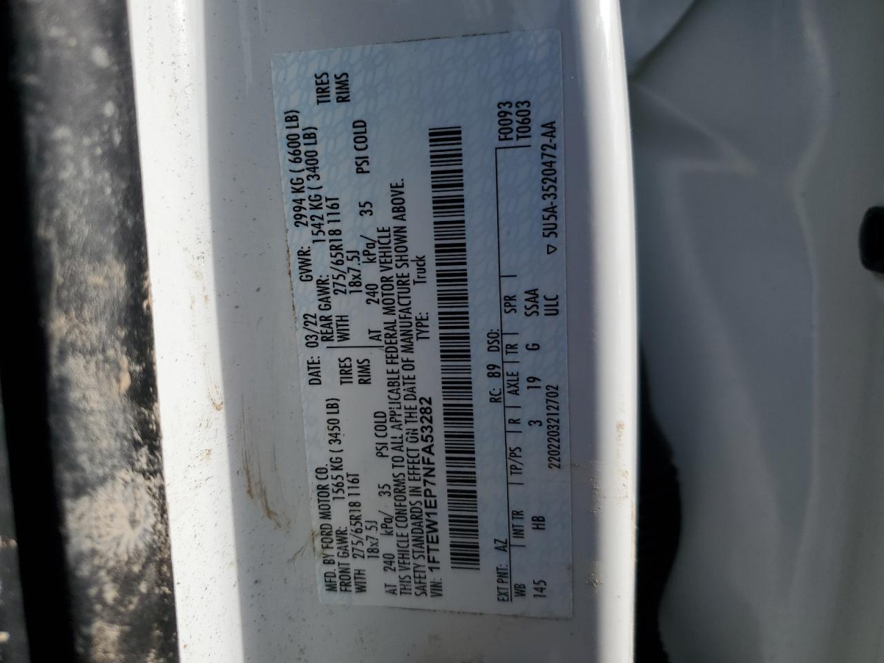 2022 FORD F150 SUPERCREW VIN:1FTEW1EP7NFA53282