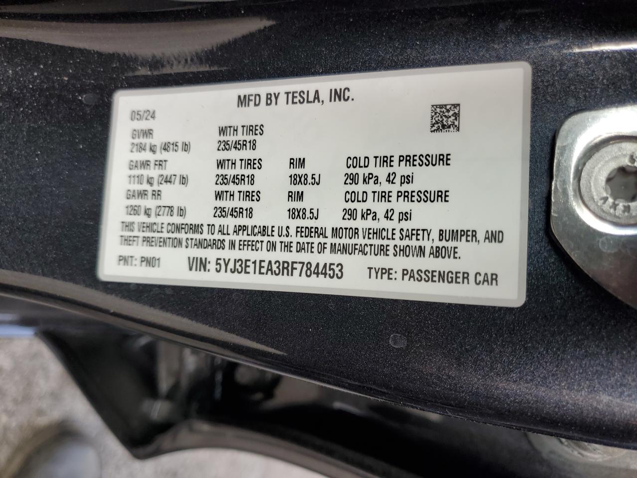 2024 TESLA MODEL 3  VIN:5YJ3E1EA3RF784453