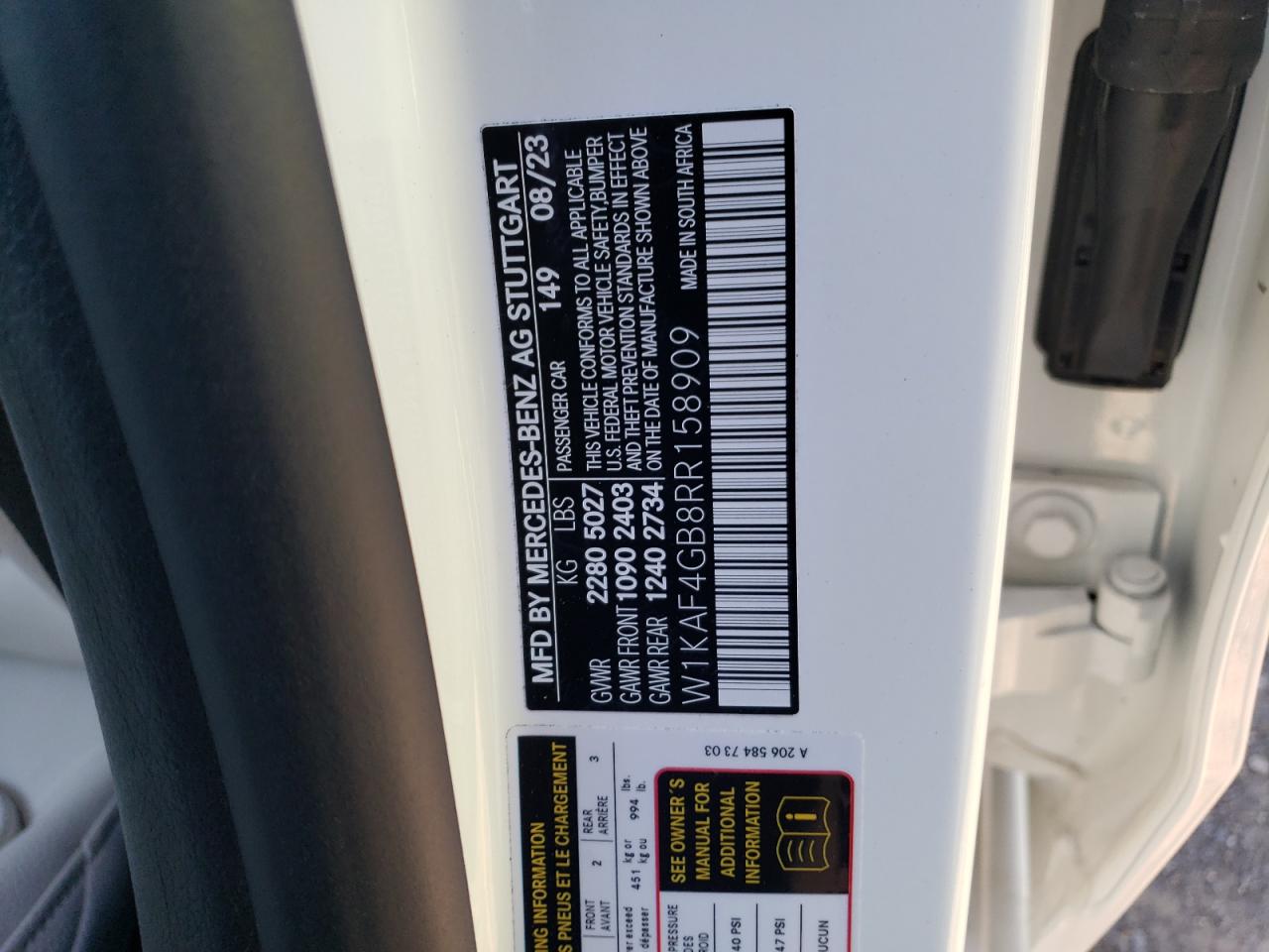 2024 MERCEDES-BENZ C 300 VIN:W1KAF4GB8RR158909