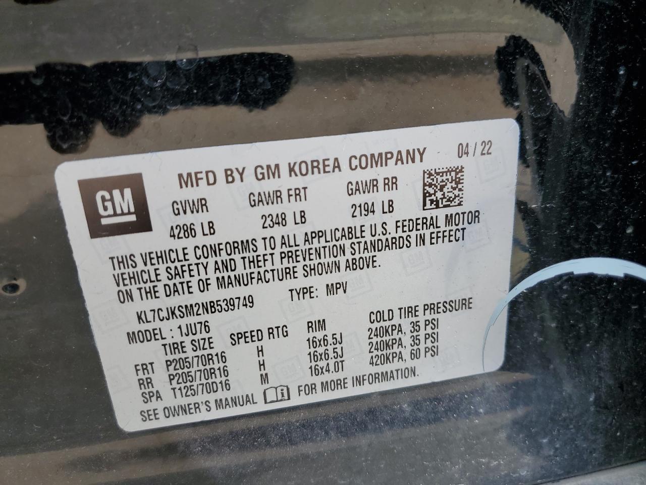 2022 CHEVROLET TRAX LS VIN:KL7CJKSM2NB539749