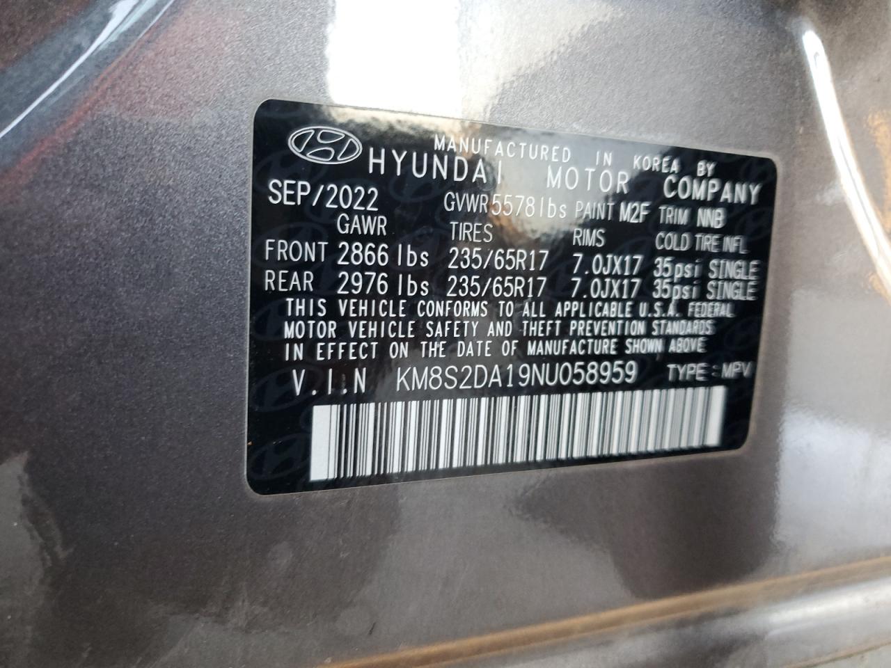 2022 HYUNDAI SANTA FE BLUE VIN:KM8S2DA19NU058959