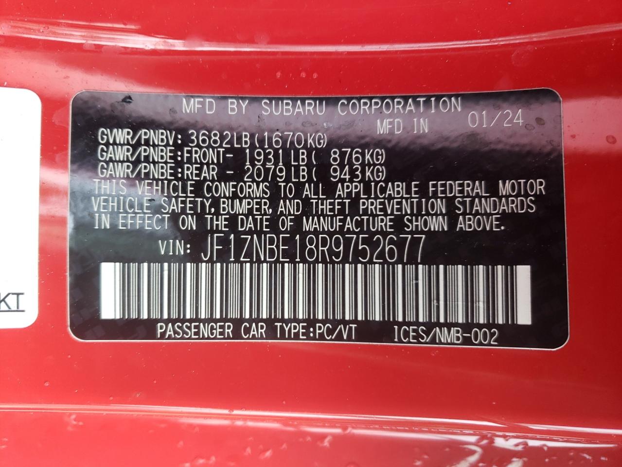 2024 TOYOTA GR 86 PREMIUM VIN:JF1ZNBE18R9752677