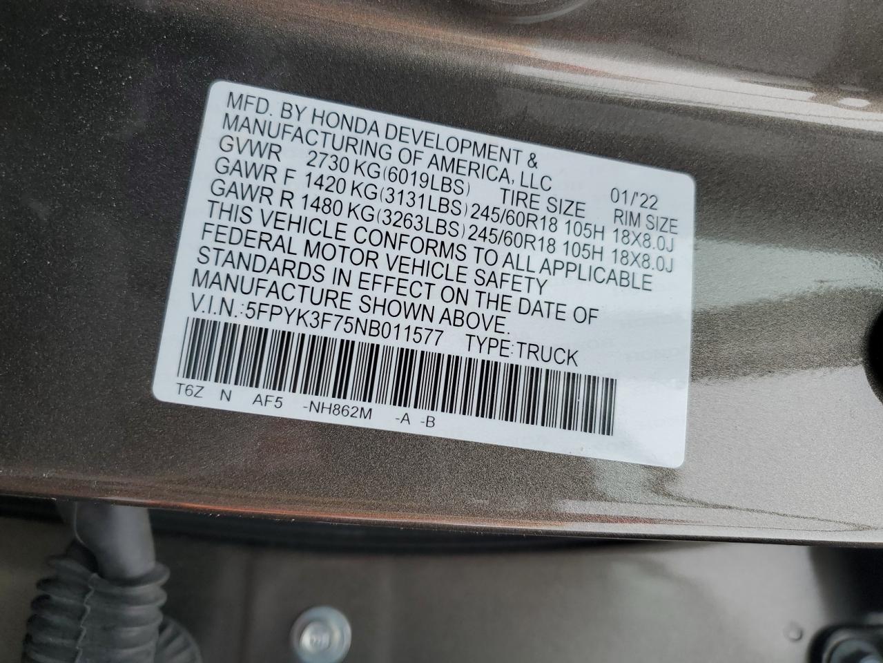 2022 HONDA RIDGELINE RTL VIN:5FPYK3F75NB011577