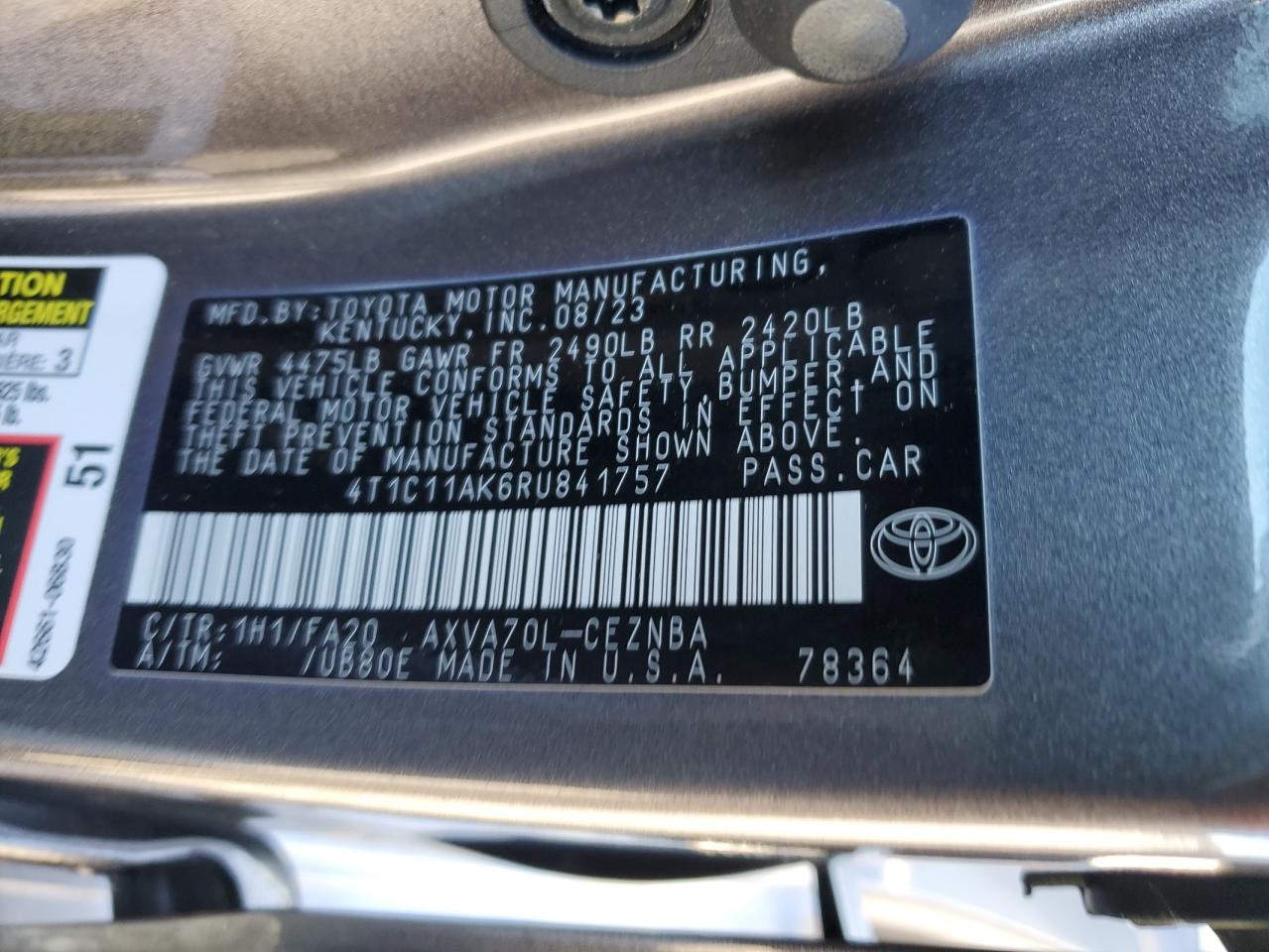 2024 TOYOTA CAMRY LE VIN:4T1C11AK6RU841757