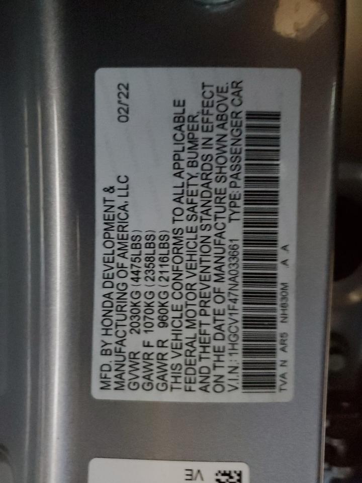 2022 HONDA ACCORD SPORT SE VIN:5TFLA5DA0NX023948
