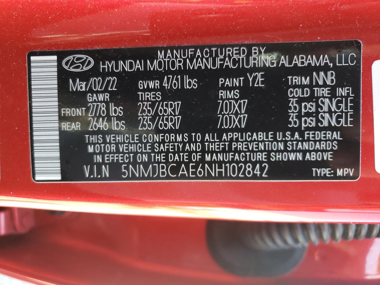 2022 HYUNDAI TUCSON SEL VIN:5NMJBCAE6NH102842