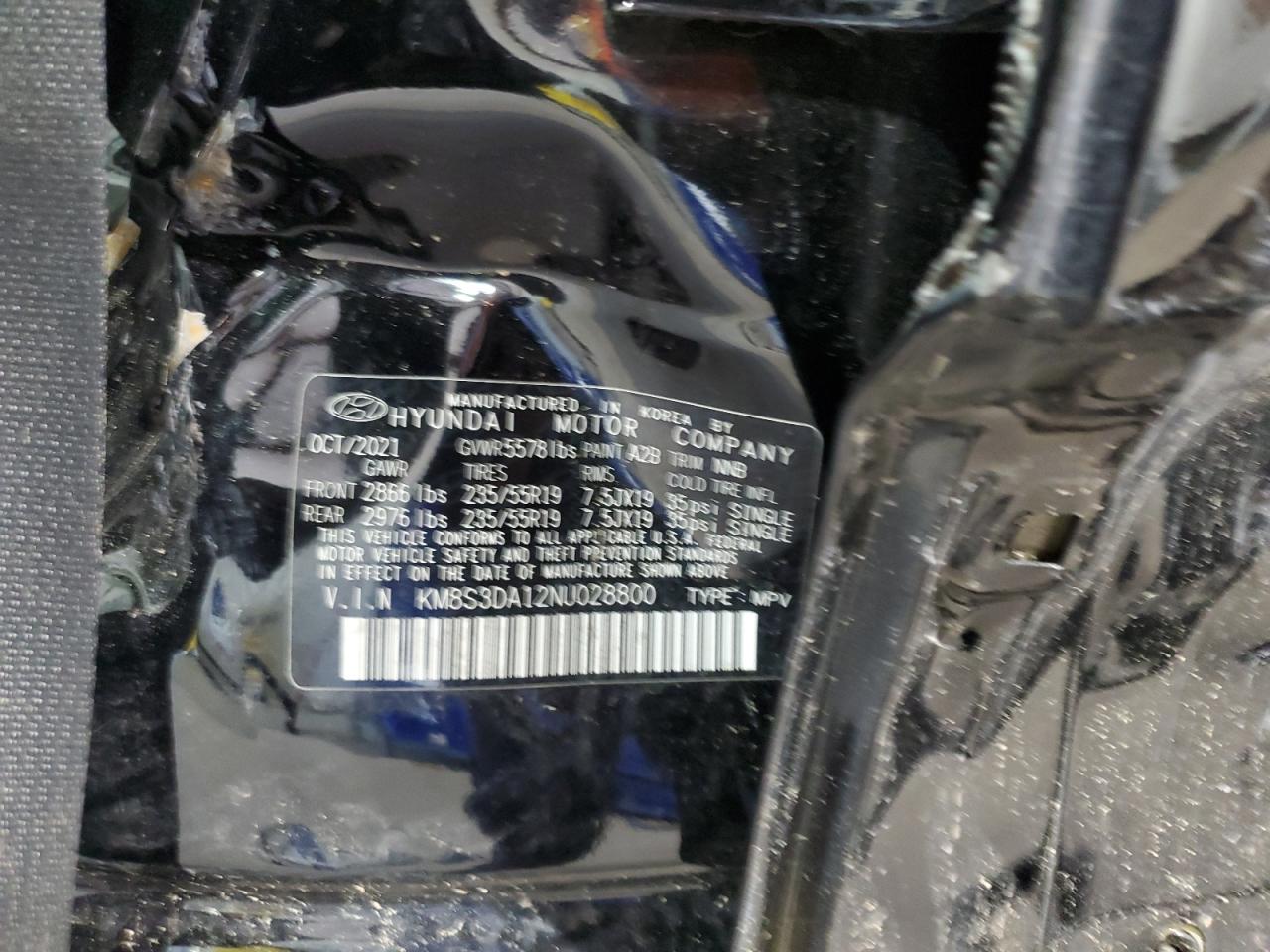 2022 HYUNDAI SANTA FE SEL PREMIUM VIN:KM8S3DA12NU028800