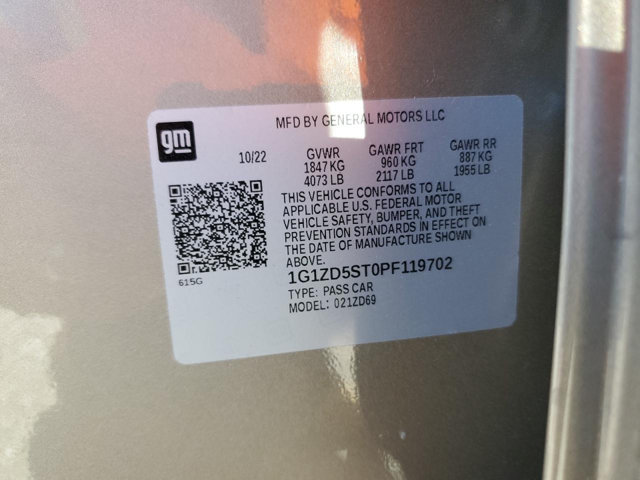 2023 CHEVROLET MALIBU LT VIN:1G1ZD5ST0PF119702