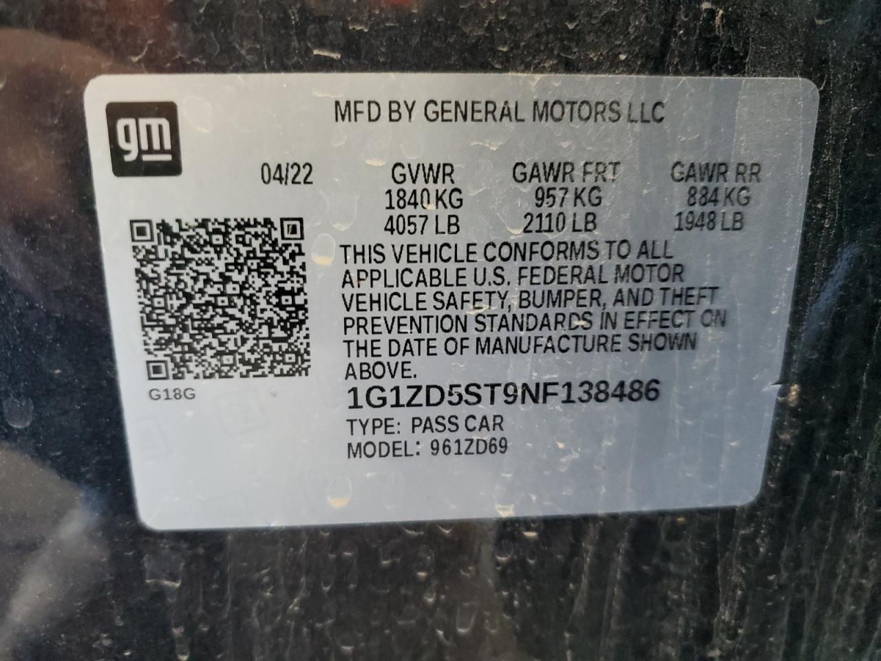 2022 CHEVROLET MALIBU LT VIN:1G1ZD5ST9NF138486