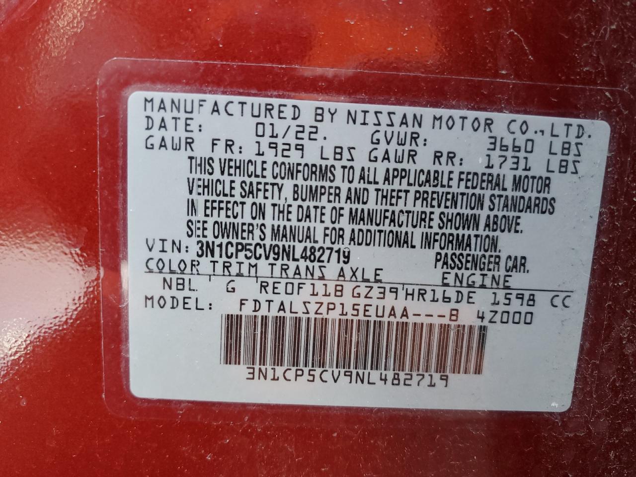 2022 NISSAN KICKS SV VIN:3N1CP5CV9NL482719
