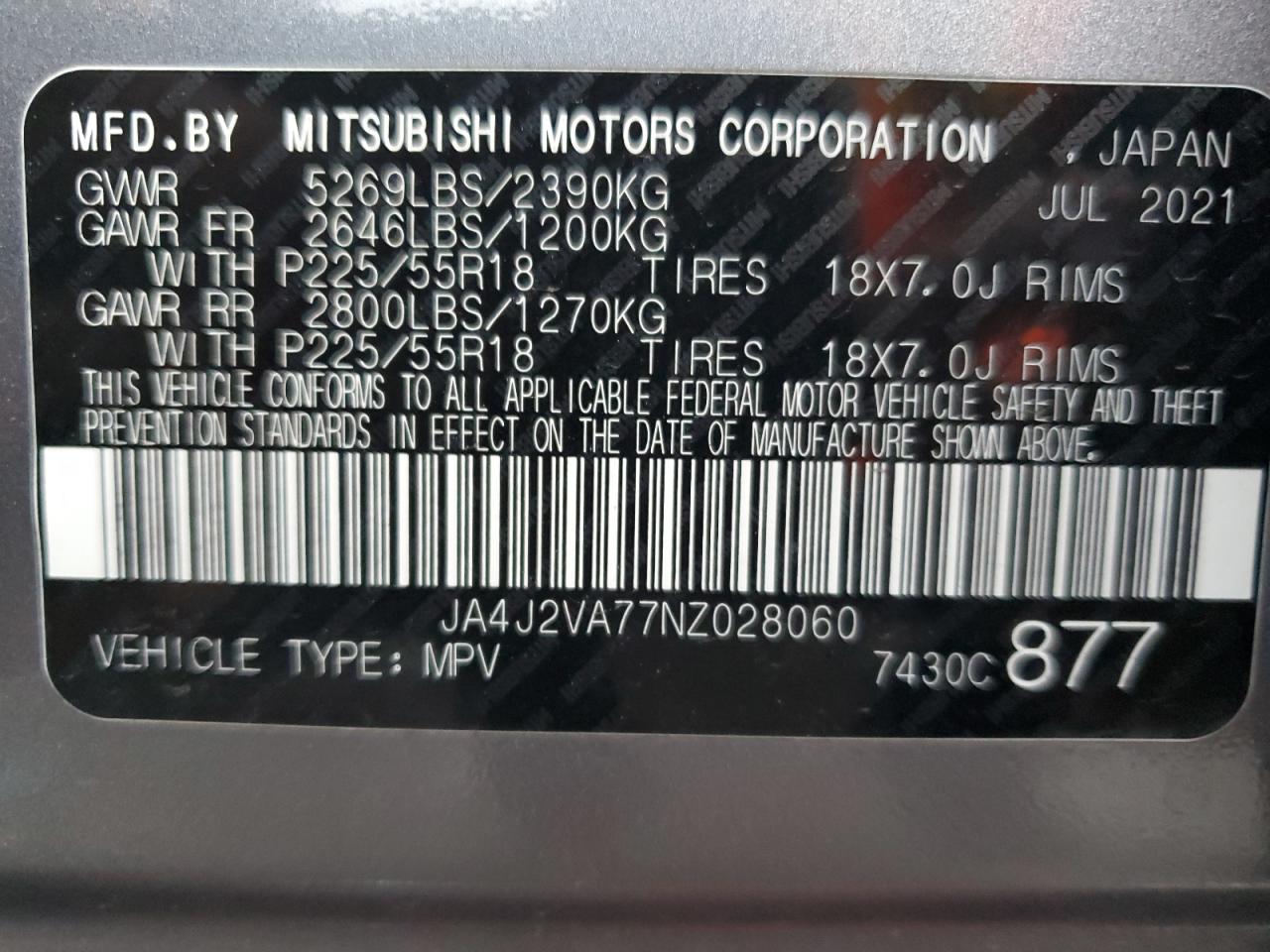 2022 MITSUBISHI OUTLANDER SEL VIN:JA4J2VA77NZ028060