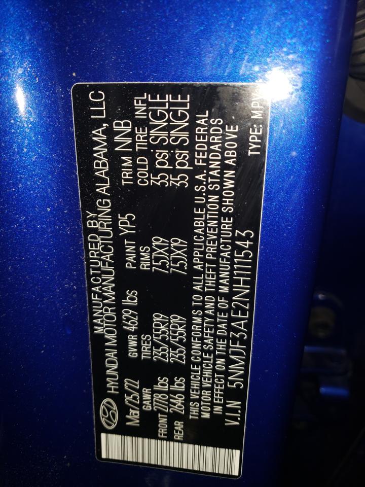 2022 HYUNDAI TUCSON SEL VIN:5NMJF3AE2NH111543
