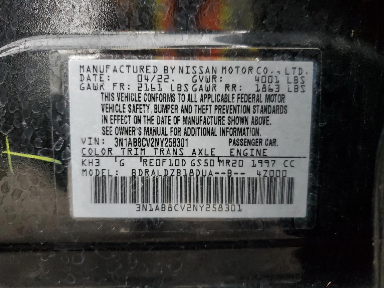 2022 NISSAN SENTRA SV VIN:3N1AB8CV2NY258301