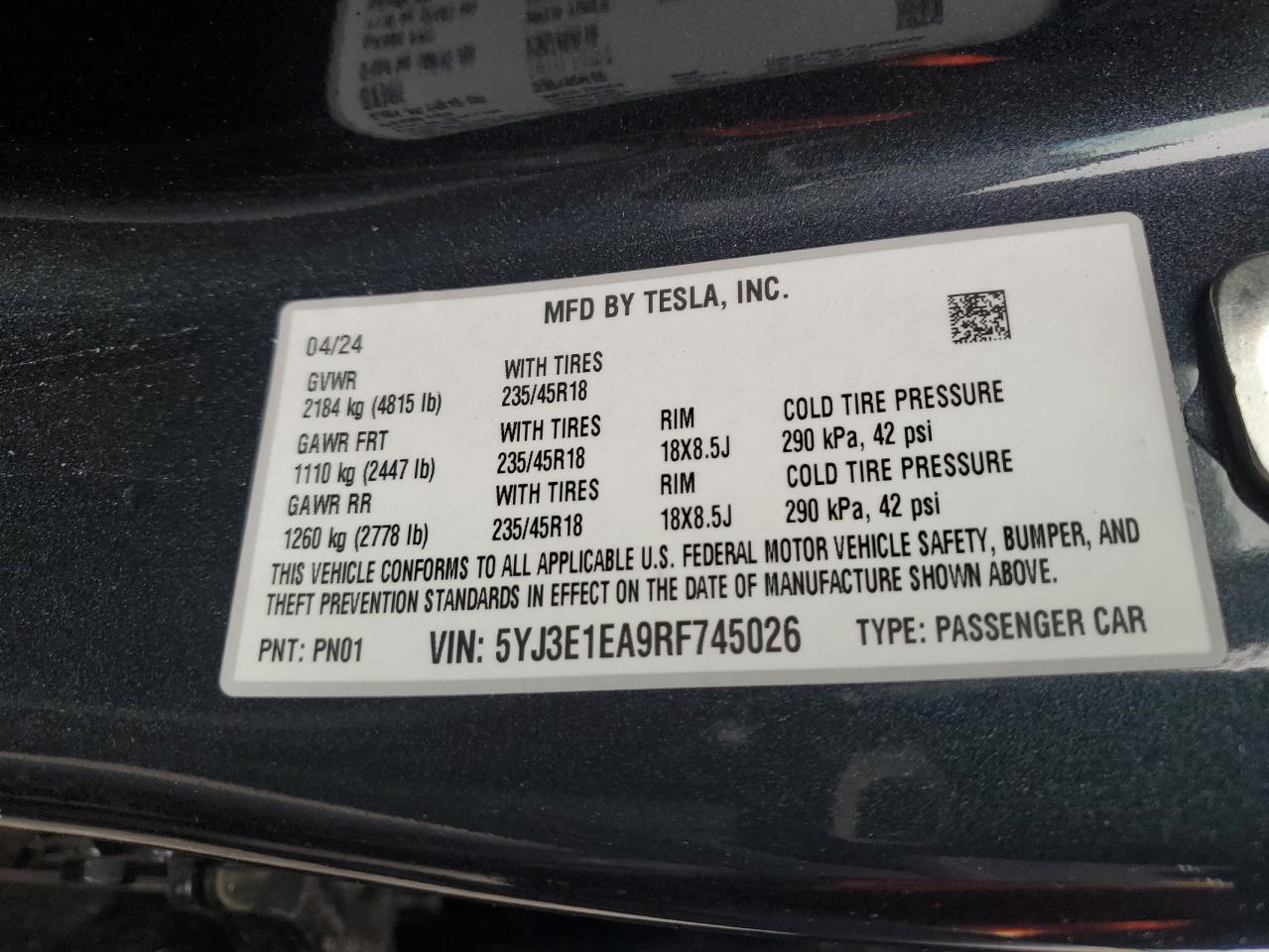 2024 TESLA MODEL 3  VIN:5YJ3E1EA9RF745026