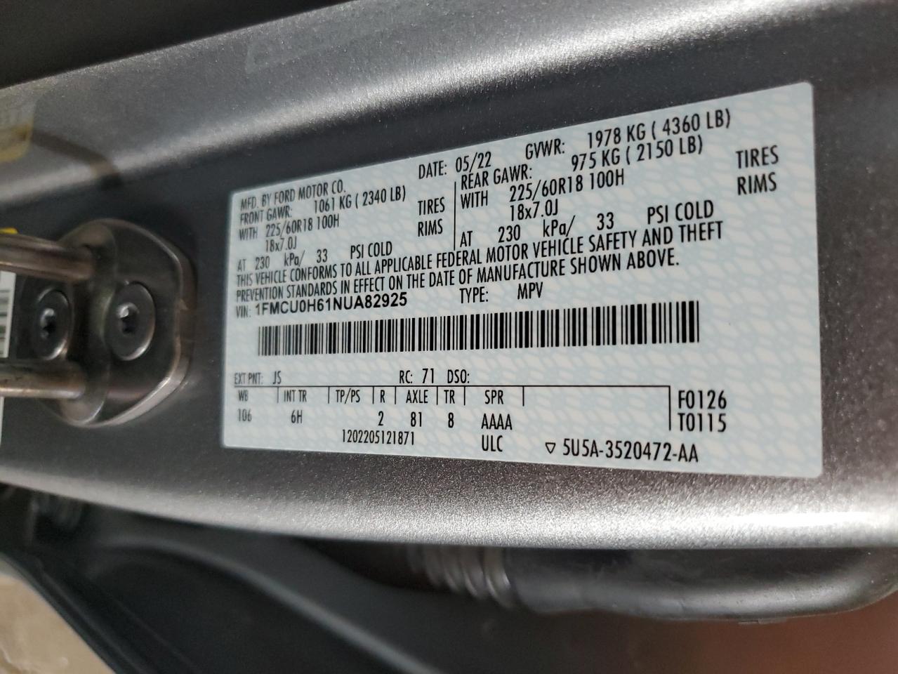 2022 FORD ESCAPE SEL VIN:1FMCU0H61NUA82925
