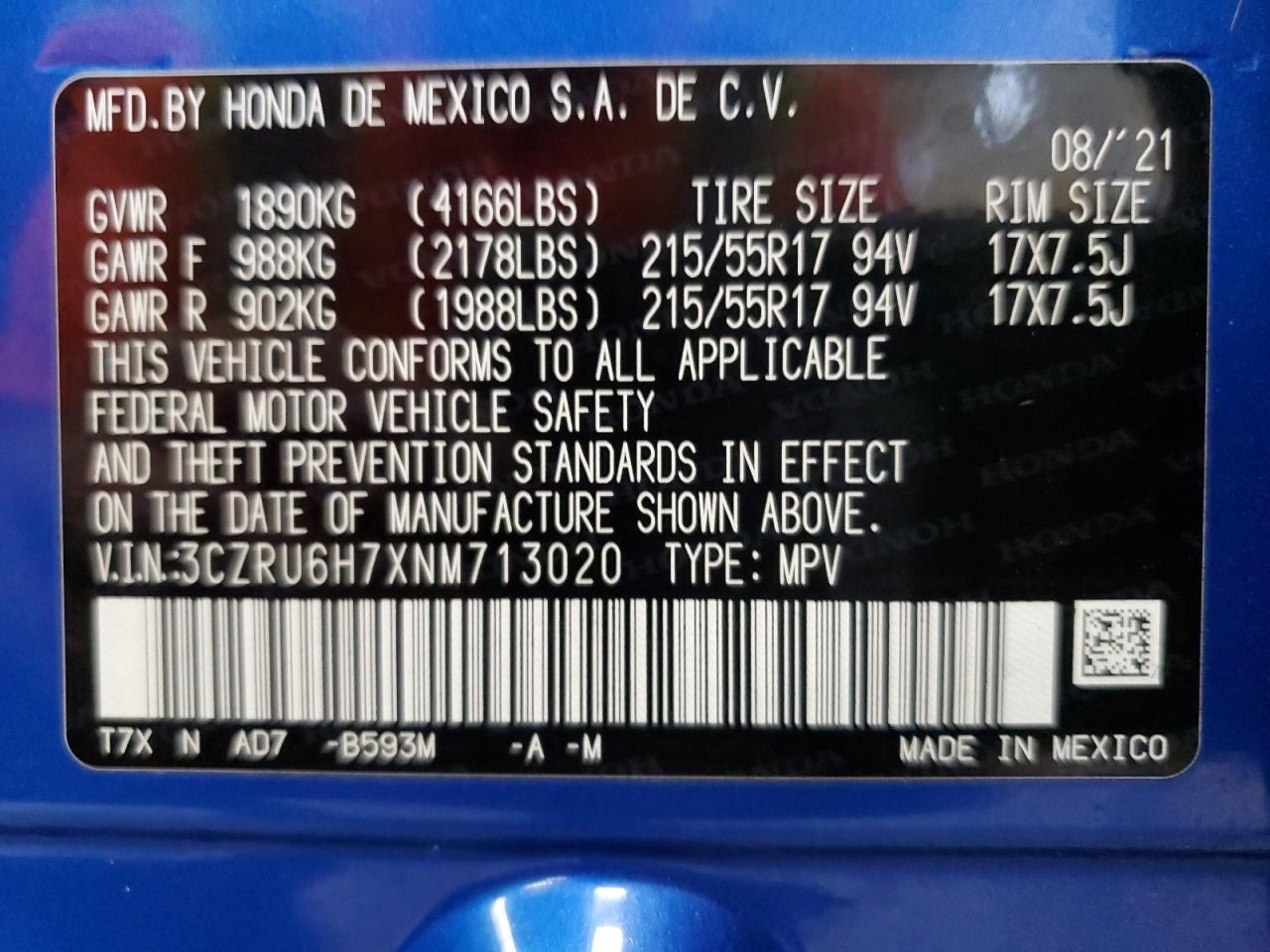 2022 HONDA HR-V EXL VIN:3CZRU6H7XNM713020