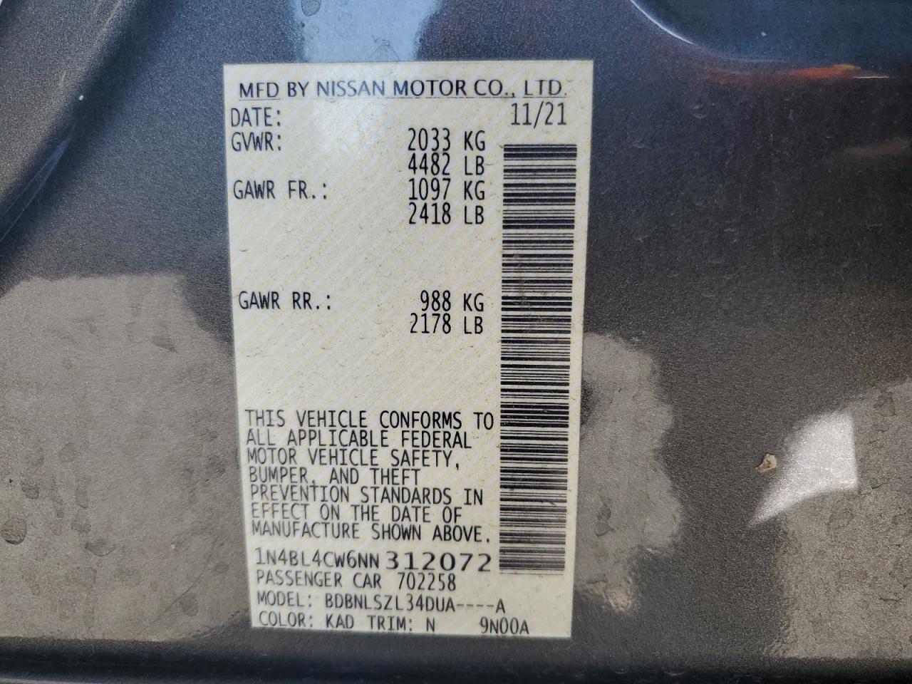 2022 NISSAN ALTIMA SR VIN:1N4BL4CW6NN312072