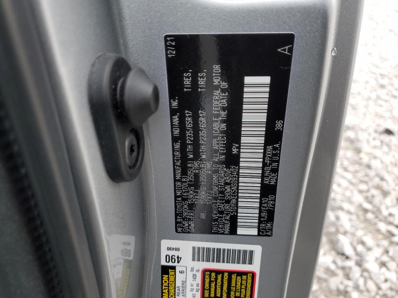 2022 TOYOTA SIENNA XLE VIN:KMHEC4A49EA117675