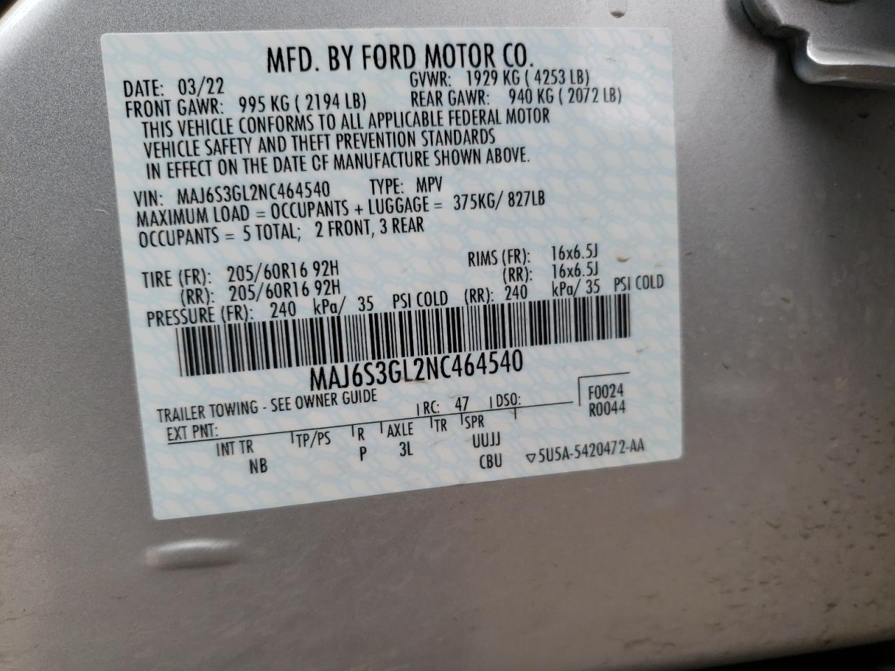 2022 FORD ECOSPORT SE VIN:MAJ6S3GL2NC464540