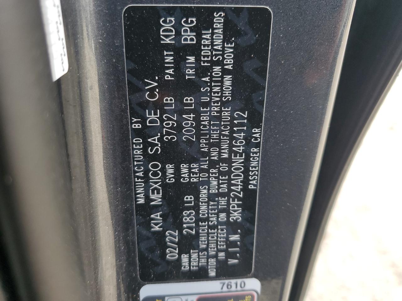 2022 KIA FORTE FE VIN:3KPF24AD0NE464112
