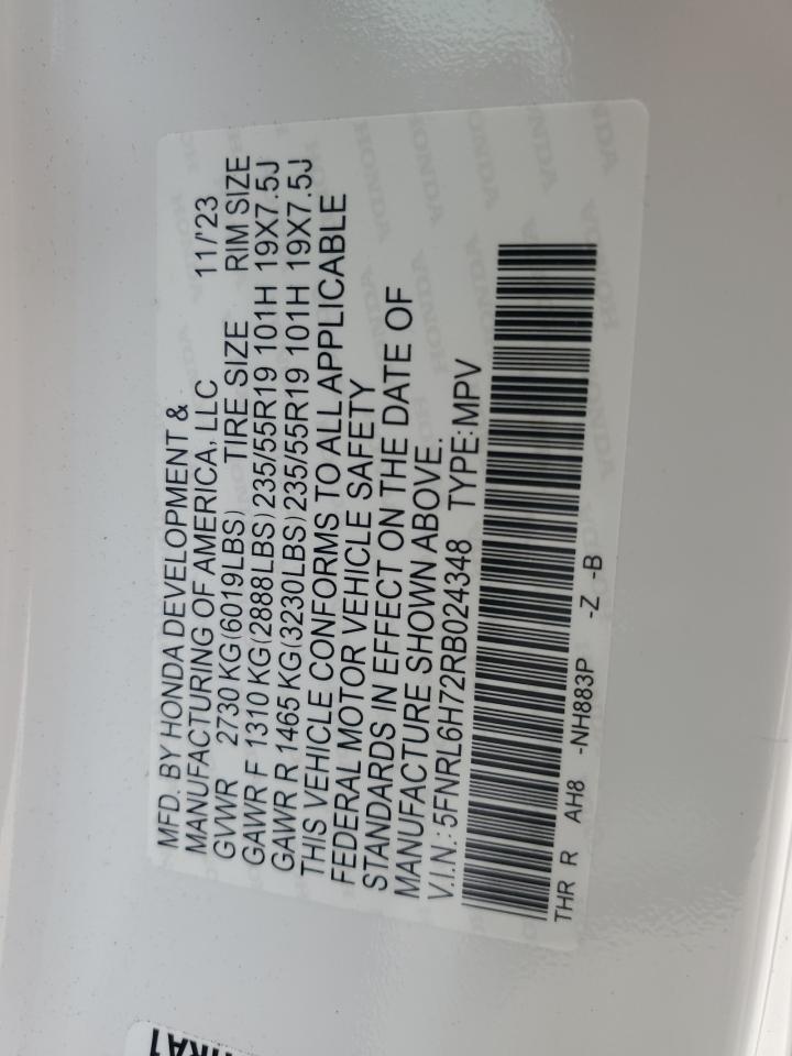 2024 HONDA ODYSSEY SPORT VIN:5FNRL6H72RB024348