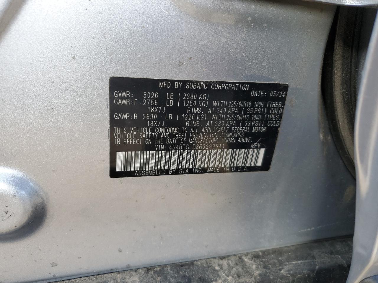 2024 SUBARU OUTBACK ONYX EDITION XT VIN:4S4BTGLD3R3290541